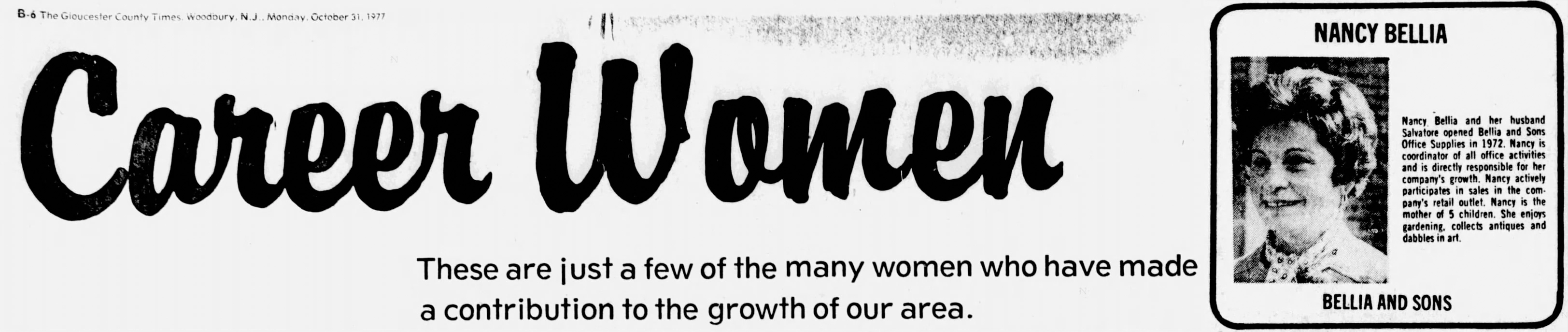 Nancy Bellia featured in Career Women, Gloucester County Times, October 1977