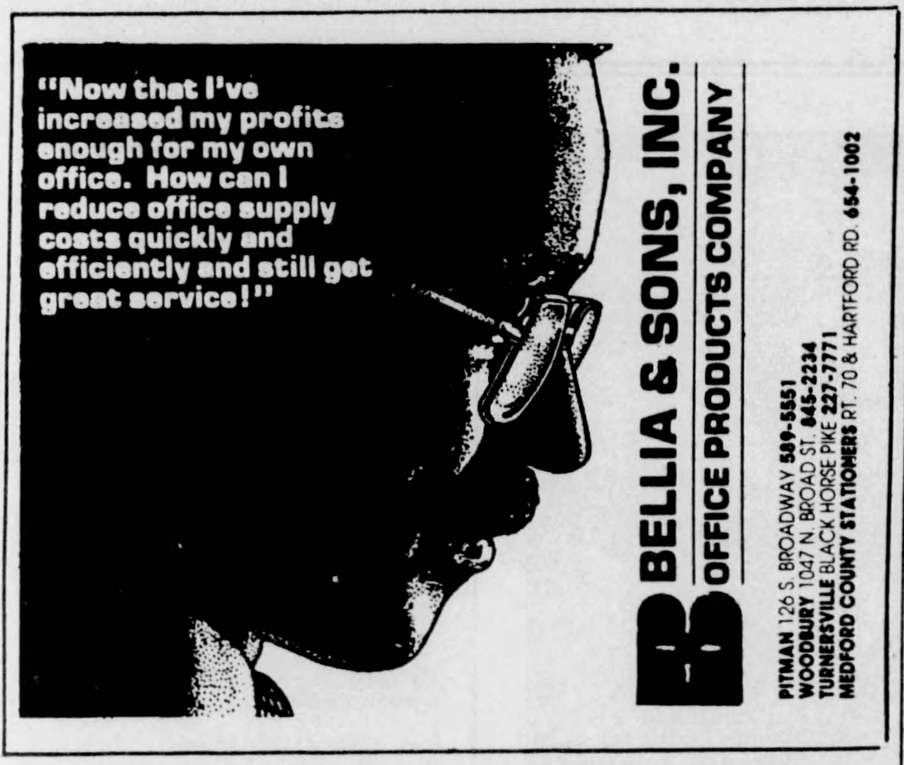 Bellia and Sons Philadelphia Inquirer ad 1988, four South Jersey locations