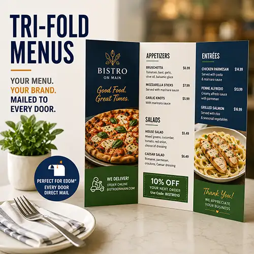 Tri-fold restaurant menus for Every Door Direct Mail campaigns