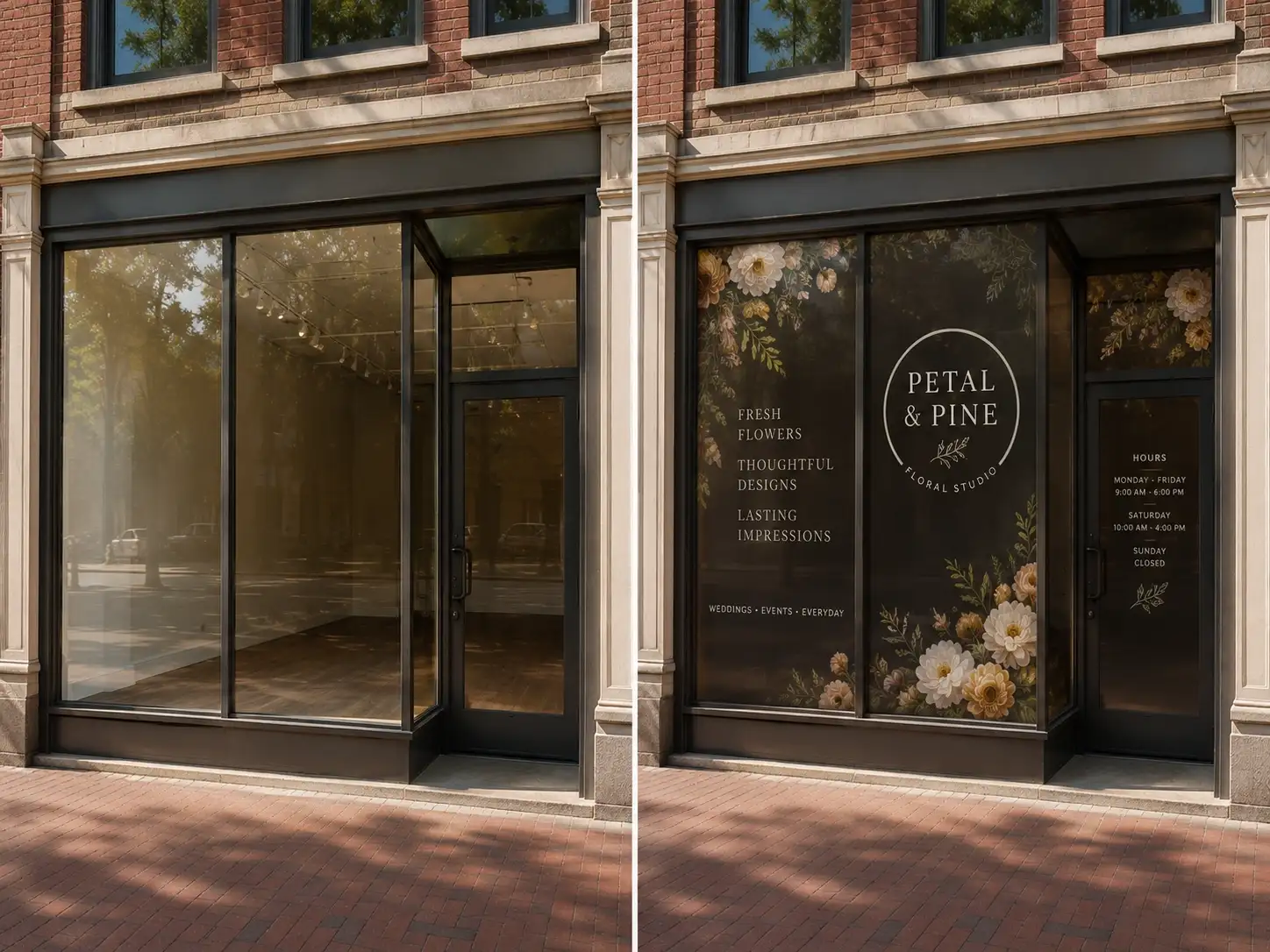 Before and after custom window clings on a retail storefront