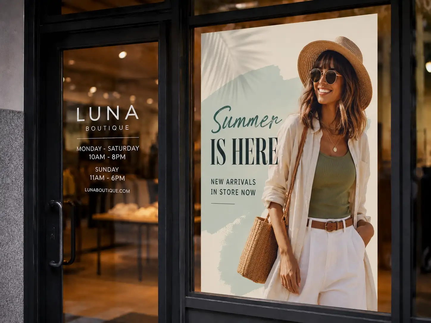 Custom window cling on boutique storefront — Bellia Design, Print & Mail