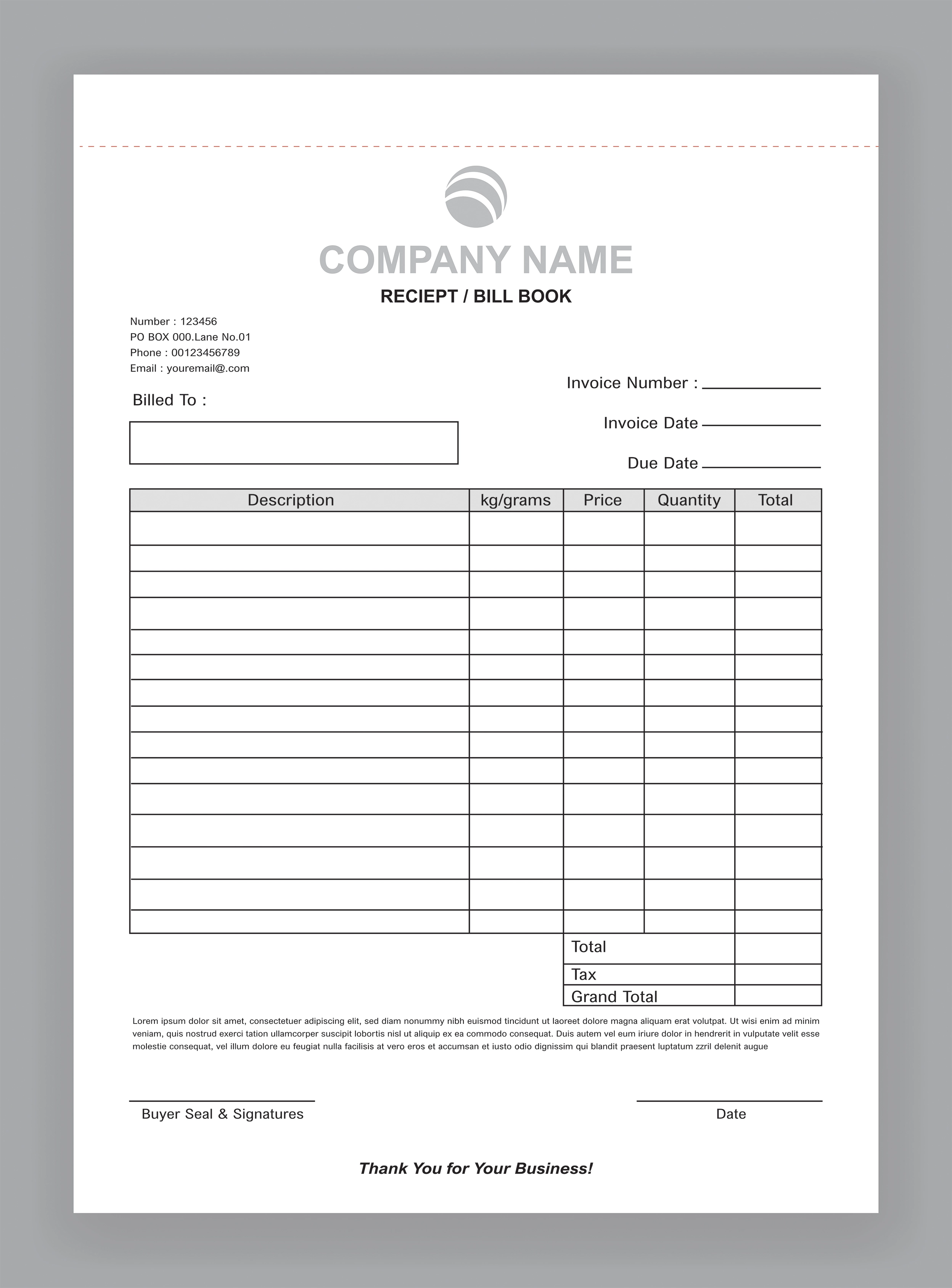 Sample 8.5x11 NCR receipt book form