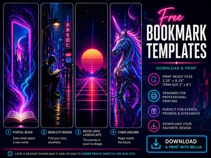 Bellia Neon Fantasy ready-to-print bookmark designs