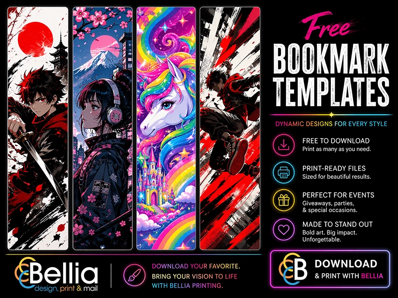 Bellia Anime and Bold ready-to-print bookmark designs