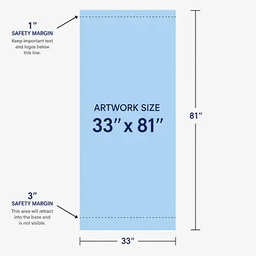 33 by 81 inch retractable banner artwork safety guide showing a 1 inch top safety margin and 3 inch bottom safety margin